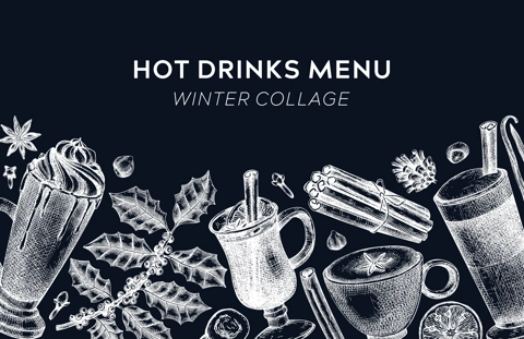 Hot drinks menu design. Mulled wine, coffee, hot chocolate vector sketches. Christmas design template. Winter drinks and spice frame template. Vintage food background. Christmas bar menu on chalkboard